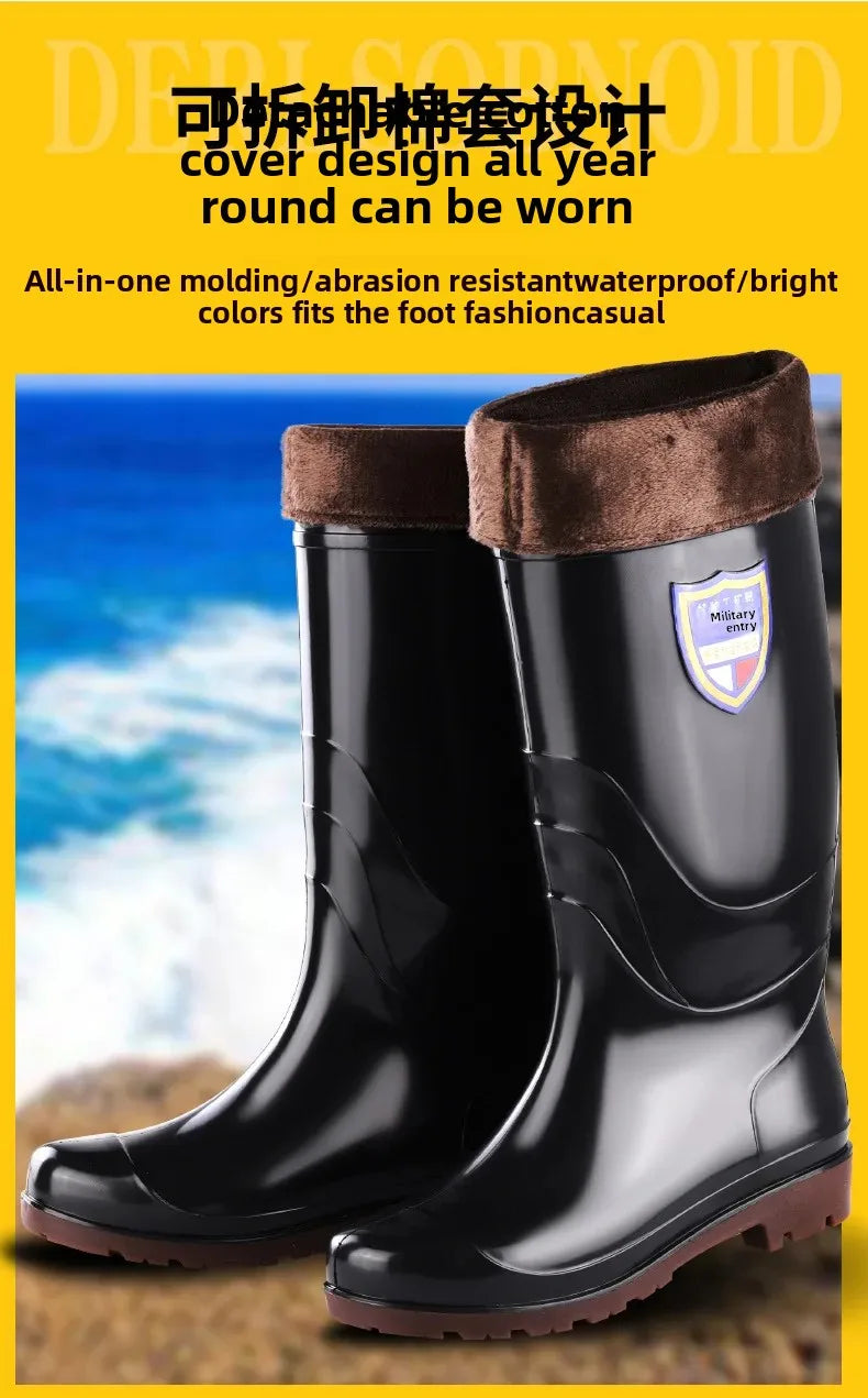 Thickened Cotton Lined Long Tube Winter Rain Boots Men's High Top round Toe Water Shoes Kitchen Shoes with Fleece Men's Rain Sho