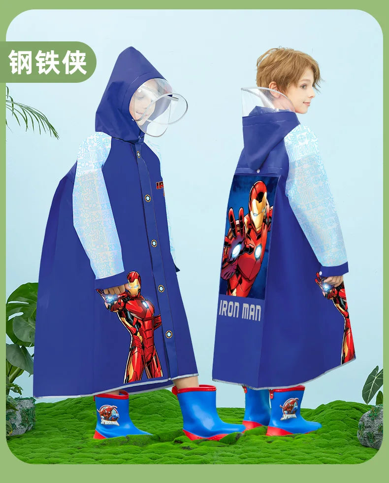 Disney Kids Raincoat Wateproof Children Elsa Spider-Man Rain Poncho Rain Coat Jacket with Backpack Position Student RainWear