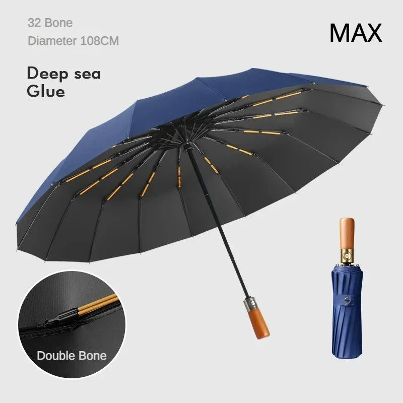 Business Fully Automatic Folding Umbrella Men and Women, Windproof 32 Bone, Wooden Handle, Waterproof Sunshade Rain Umbrellas