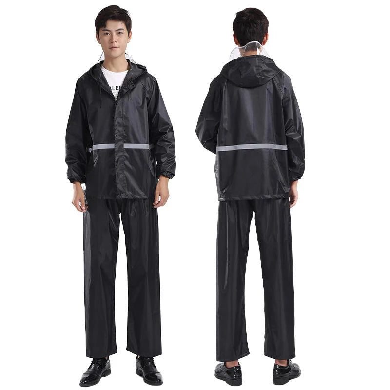 2pcs Hooded Coat & Pant Rain Suit For Women Men Outdoor Waterproof Rain Gear With Reflective Strip Motocycle Riding Raincoat